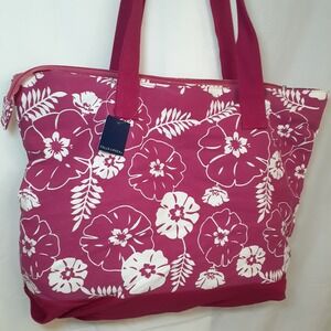 Falls‎ Creek Large Floral Tote Bag Pink White Double Handles Zip Closure 18x12x8